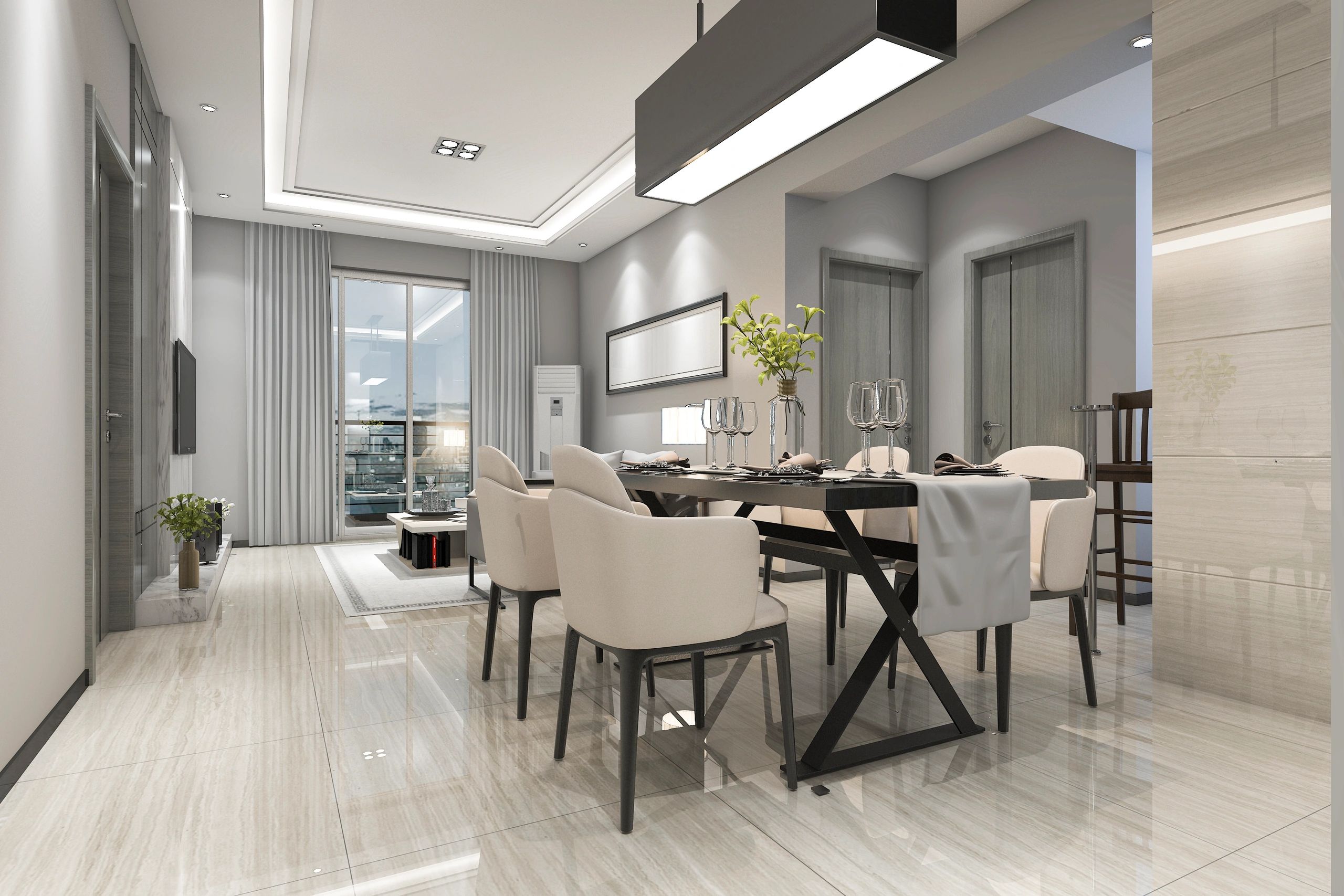 Modern dining room with city skyline view