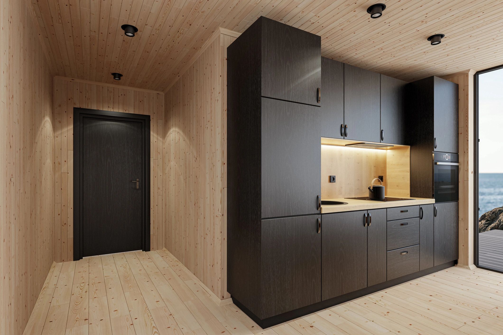 Modern kitchen with coastal view