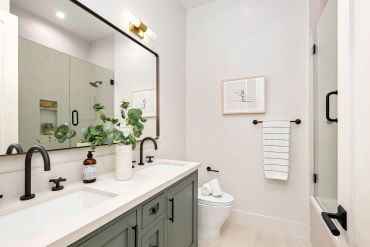 Modern bathroom with sage green vanity